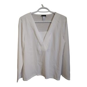 White long sleeve blouse with plunge v-neck relaxed fit